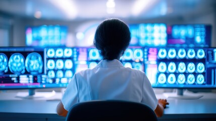 A medical professional monitors brain scans on multiple screens, focusing on the digital images for analysis in a healthcare setting.
