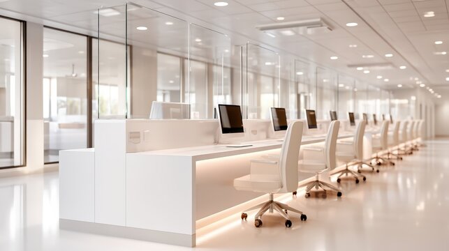 A modern office space featuring sleek white desks, ergonomic chairs, and glass partitions, maximizing light and minimizing distractions for productivity.