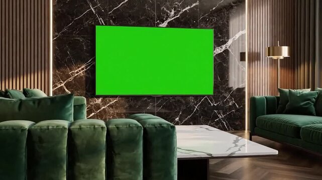 Modern living room with green velvet sofas and marble wall