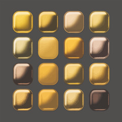 Metallic gold and bronze rounded square buttons with reflective surfaces on a dark background
