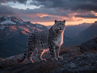 Snow leopard at sunset in mountain range