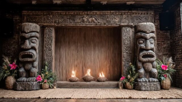 A tiki-themed room with carved wooden statues, candles, and floral arrangements