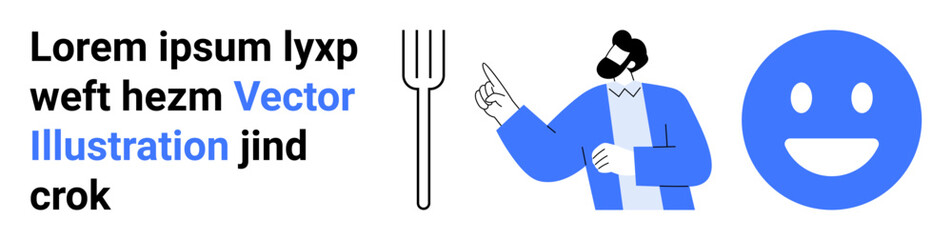 Fototapeta premium Food choices, decisions, humor, simple design, graphic art, minimalism. A man pointing at a fork, accompanied by a happy face and text. Food choices and decision-making