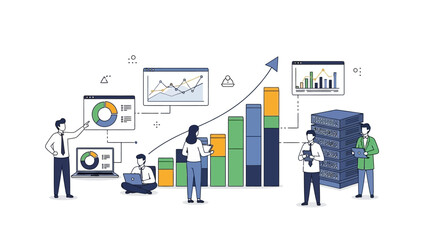 Business data analysis illustration featuring charts, graphs, and team members working collaboratively