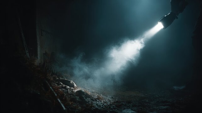 A hidden weapon cache revealed by a flashlight beam in a dark bunker, dusty, eerie, cinematic mystery.