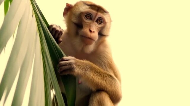 Monkey peeking out from behind broad leaf. video