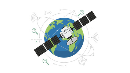 Illustration of a satellite orbiting the Earth with various icons and symbols related to geopolitics and security in a futuristic, technological style. © Asap