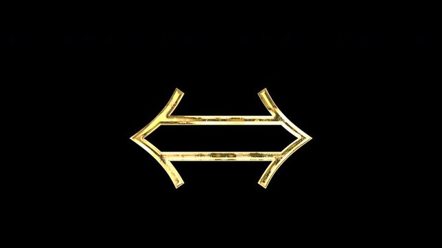 Gold left right double arrow symbol, light reflecting and patterns shifting, alpha channel
