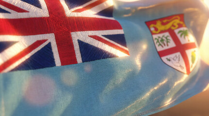 Explore a detailed close-up of the Fiji flag, perfect for educational materials or travel blogs showcasing its vibrant colors and rich heritage.