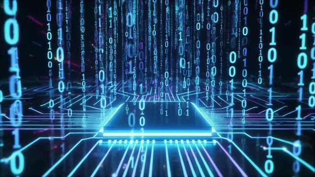 Abstract glowing digital data streams flowing into a futuristic microchip on a circuit board background