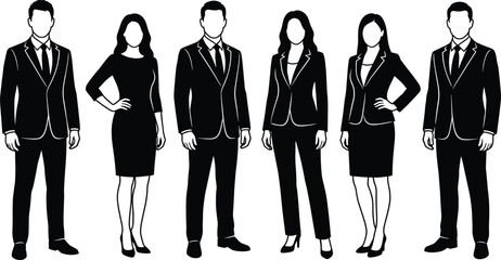 Business people outline silhouettes set, professional men and women in formal suits standing confident poses, corporate office team vector
