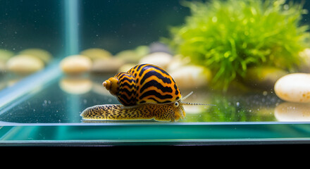 A macro closeup of a small butterfly and a red ladybug on a green leaf and rock in a summer garden surrounded by nature wildlife and spring flowers