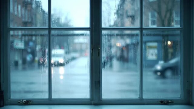 A blurred view of a city street through a window on a rainy day, with a silver car driving by