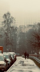 A foggy urban scene with two people walking on a path beside parked cars, trees in the background, and buildings partially obscured by mist