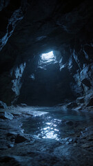 A serene underground cave featuring a calm pool of water reflecting light, ideal for nature-themed artwork or relaxation imagery.