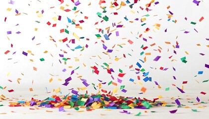 Colorful confetti falling against a white background, creating a celebratory atmosphere