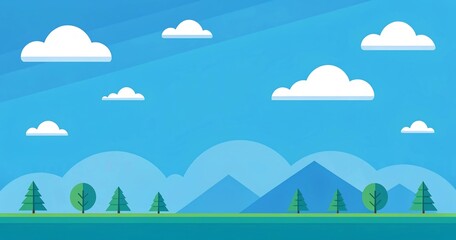 Vast Blue Sky with Fluffy Clouds Over Rolling Green Hills and Majestic Mountains