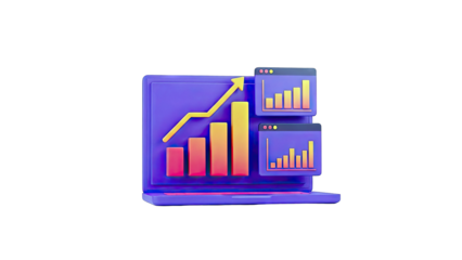 3D Laptop Displaying Upward Trend Graphs and Data