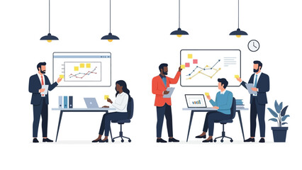 Team of diverse professionals collaborating on data analysis, graphs, and business strategies in office setting