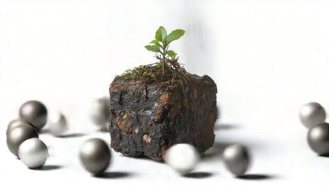 Small green plant growing out of a cube of dark soil on white background