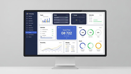 Modern computer monitor displaying a productivity dashboard with various charts and graphs