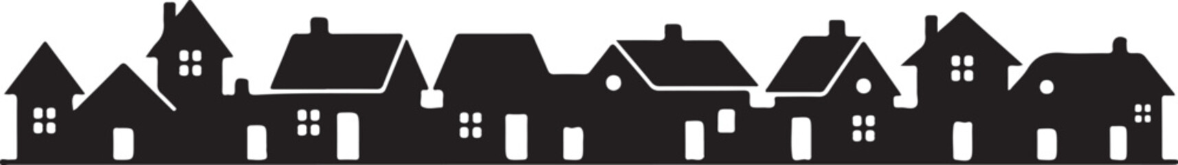 Minimal village house silhouette row.