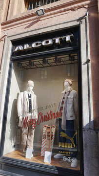 Palma, Mallorca, Spain - December 18, 2025: Logo of exterior window showcase of Alcott stores.