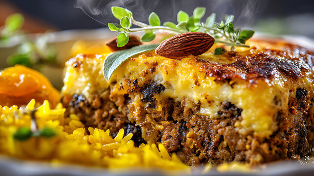A golden, aromatic slice of South African bobotie, baked with spiced minced meat and topped with a creamy egg custard, served alongside vibrant yellow rice and garnished with fresh herbs and almonds