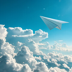 White Paper Airplane Flying Above Clouds in Bright Blue Sky.
