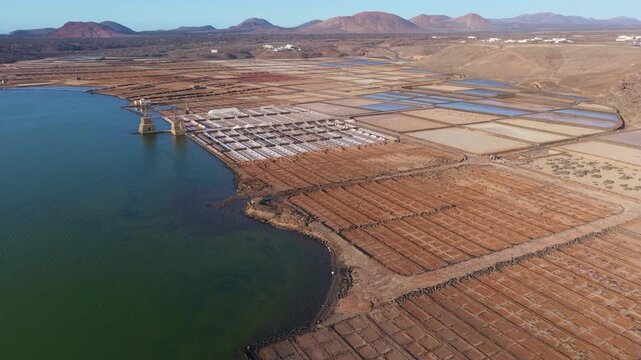 Stunning aerial perspective of the Janubio salt flats with evaporation ponds and volcanic mountains