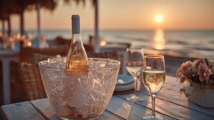 Romantic beachside dining scene with a chilled bottle of white wine and two glasses on a wooden table at sunset, overlooking the ocean.