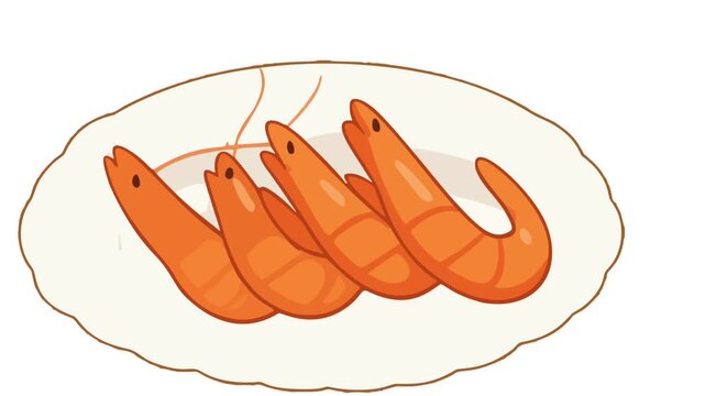 Appetizing cooked shrimp on a white plate moving in a loop, isolated on a white background