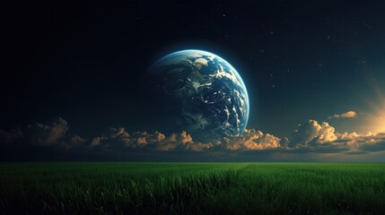 Earth rising over a serene landscape