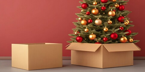 Festive Christmas Tree in Cardboard Box Ready for Holiday Storage or Unpacking Seasonal Decorations