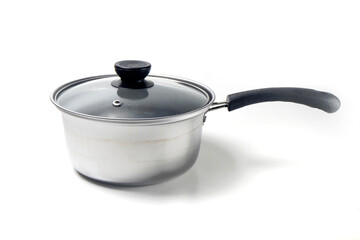 Stainless steel saucepan and lid, isolated on white background, good for article or commercial