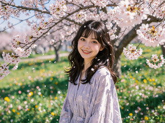 smiling woman and spring flowers