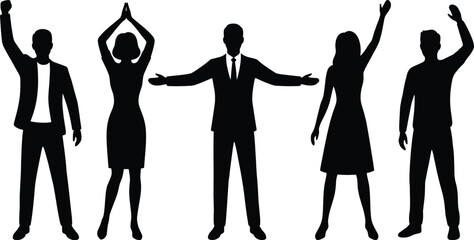 Obraz premium People silhouettes with raised hands set, men and women cheering waving greeting poses, human celebration gestures isolated vector