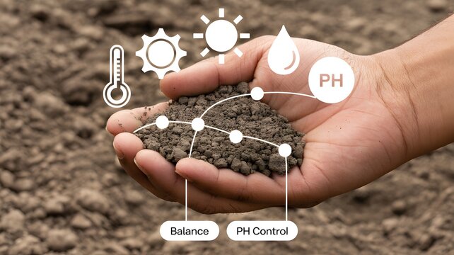 Hand cradling soil with a futuristic digital interface, displaying vital metrics like pH, temperature, and moisture for advanced agricultural monitoring and smart farming practices - Powered by Adobe