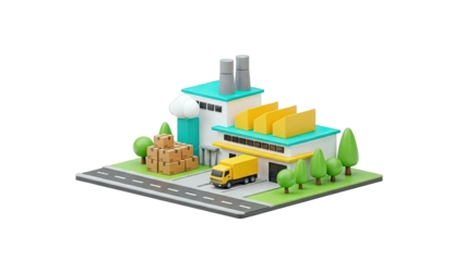 3D Isometric Factory with Truck and Boxes