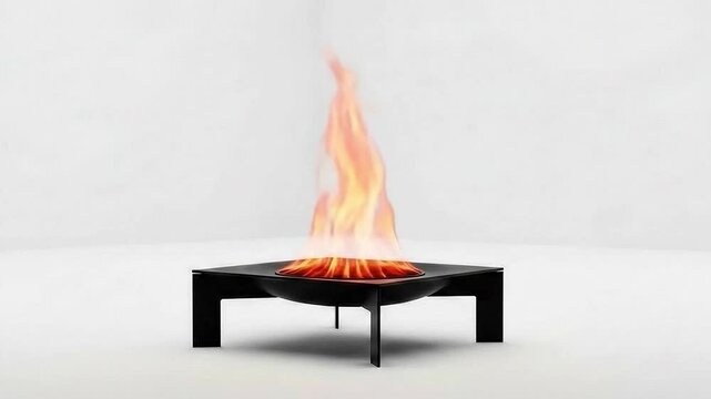 Modern black fire pit with vibrant orange flames on white background