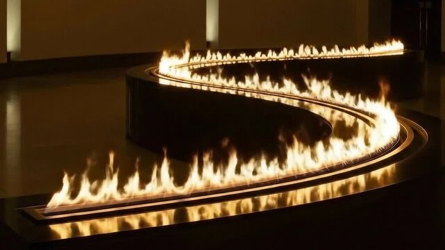Modern S-Curve Bioethanol Fireplace Flames Dancing in Dark Room