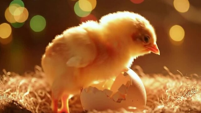 Newborn chick emerges from cracked eggshell in soft light, bokeh background