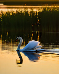 Fototapeta premium image d'un cygne blanc qui nage sur lac ou un étang sur lequel se reflète le soleil qui se couche