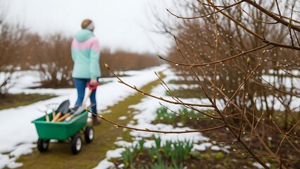 Woman in garden with green cart and gardening tools on a snowy path