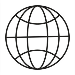 Globe outline icon, world sphere grid symbol on white background