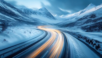 Snowy mountain highway at dusk