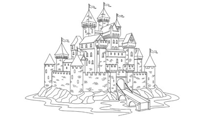 High-Quality Black Continuous Line Art of Medieval Castle with Towers and Walls © Narmada