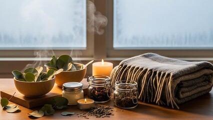 Relaxing spa setup with steaming herbal bowls and candles on a wooden table by a window.