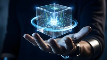 Gleaming holographic data cube held in an open hand, illustrating concepts of advanced technology, innovation, and futuristic digital solutions for the global network