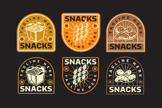 Ramen noodle box, Fish cake skewered ball, Potato chips Street foods retro rustic badge patch logo design set for restaurant, cafes, fast food snack, culinary, pastry, bakery. Vector illustration